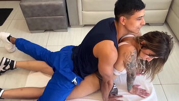 A hot gym trainer from a small class with a small Colombian woman.