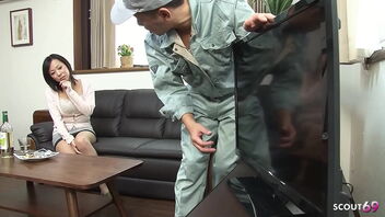 A fur covered Chinese wife entices a employee and gives deep deep-throat job and then have hump with creampie.